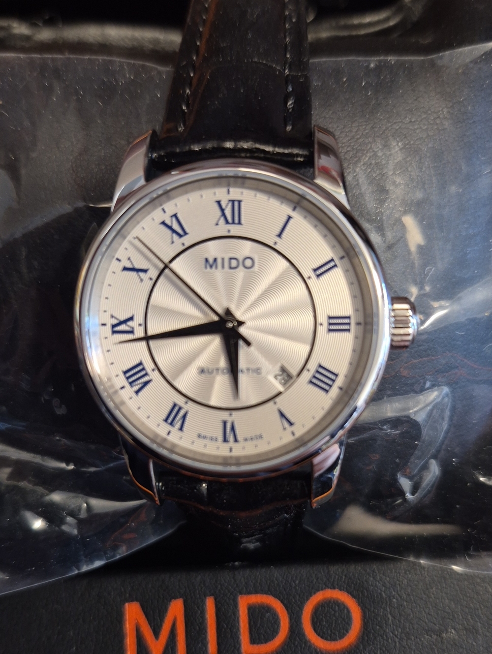 Mido Silver Dial Watch with Blue Roman Numerals and Black Strap